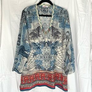 Johnny Was long sleeved silk tunic in graphic currency/tattoo print
